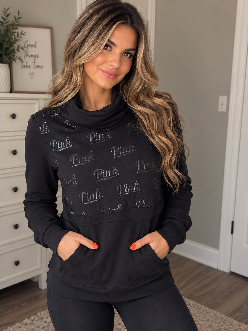 Victoria’s Secret PINK Ultimate Black Logo Cowl Neck Pullover XS